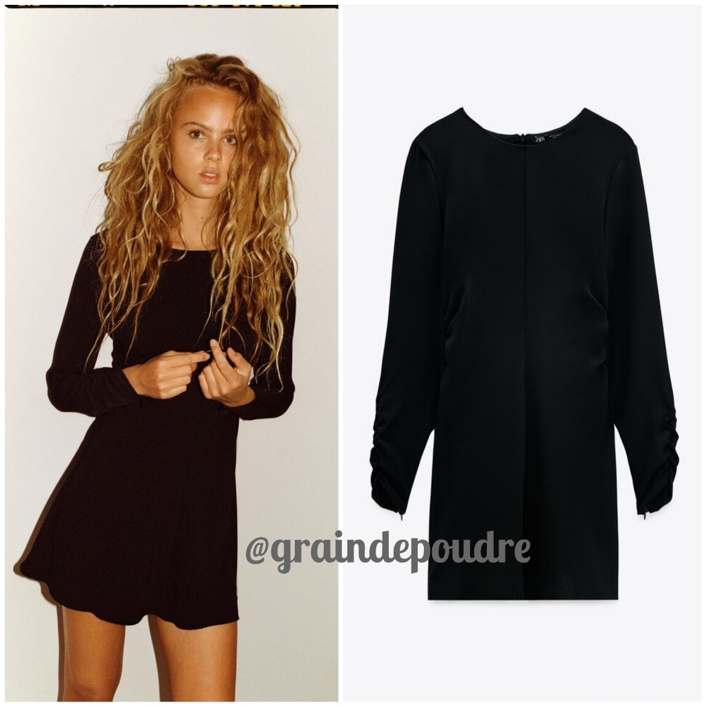 Zara Ruched Sleeve Black Mini Dress XS